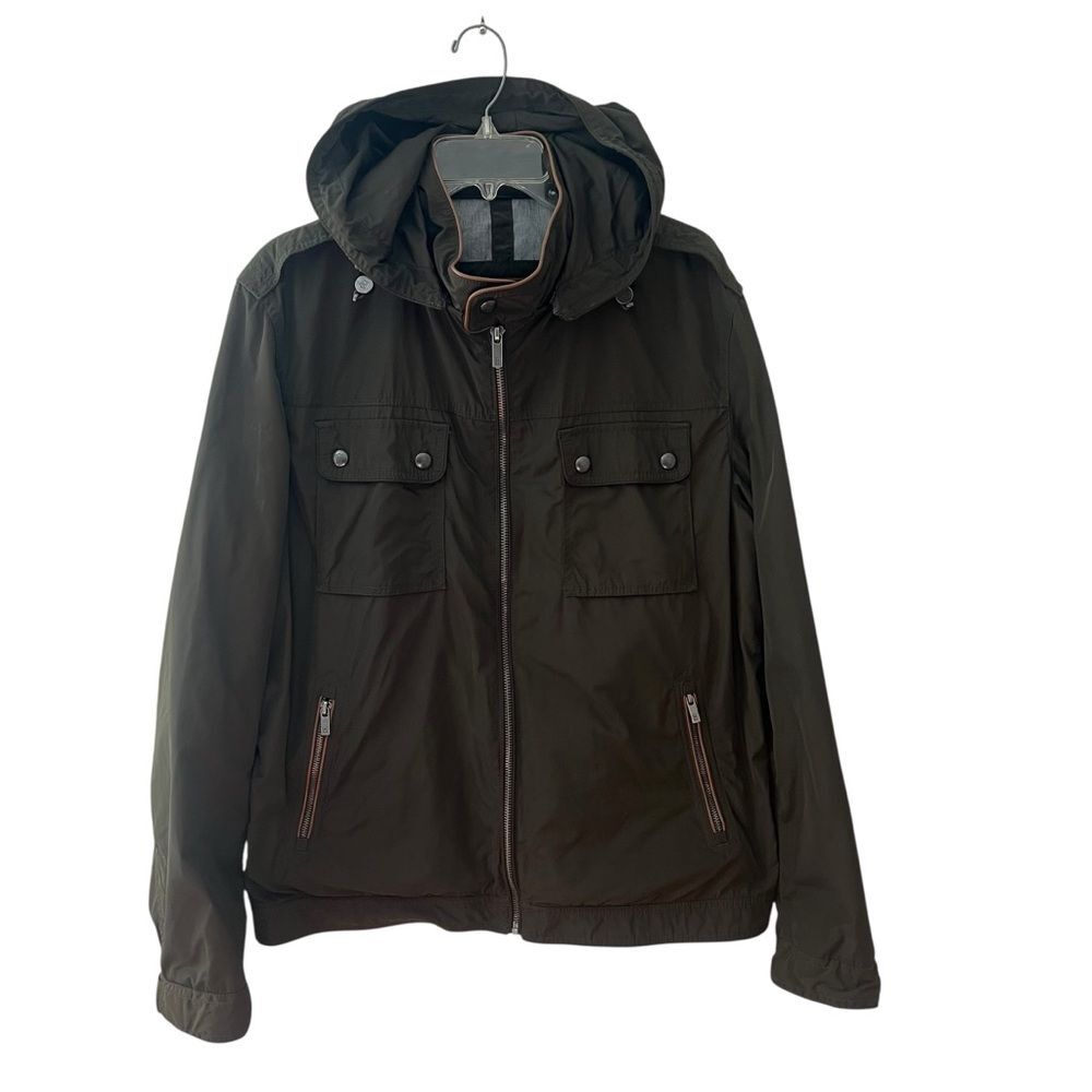 Massimo Dutti 3403 Field Jacket Men’s Zip Up Hood Olive Green Tan Leather XXL